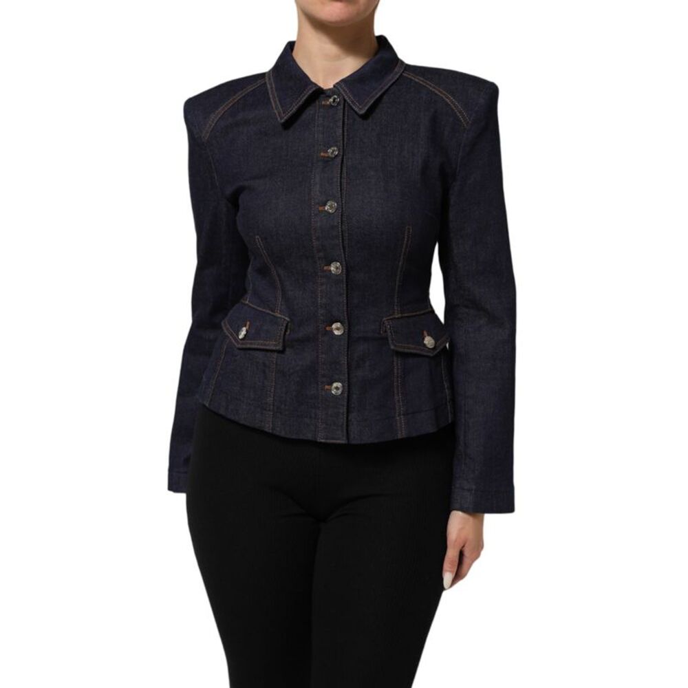 Dolce & Gabbana Dark Blue Cotton Collared Denim Coat Women's Jacket